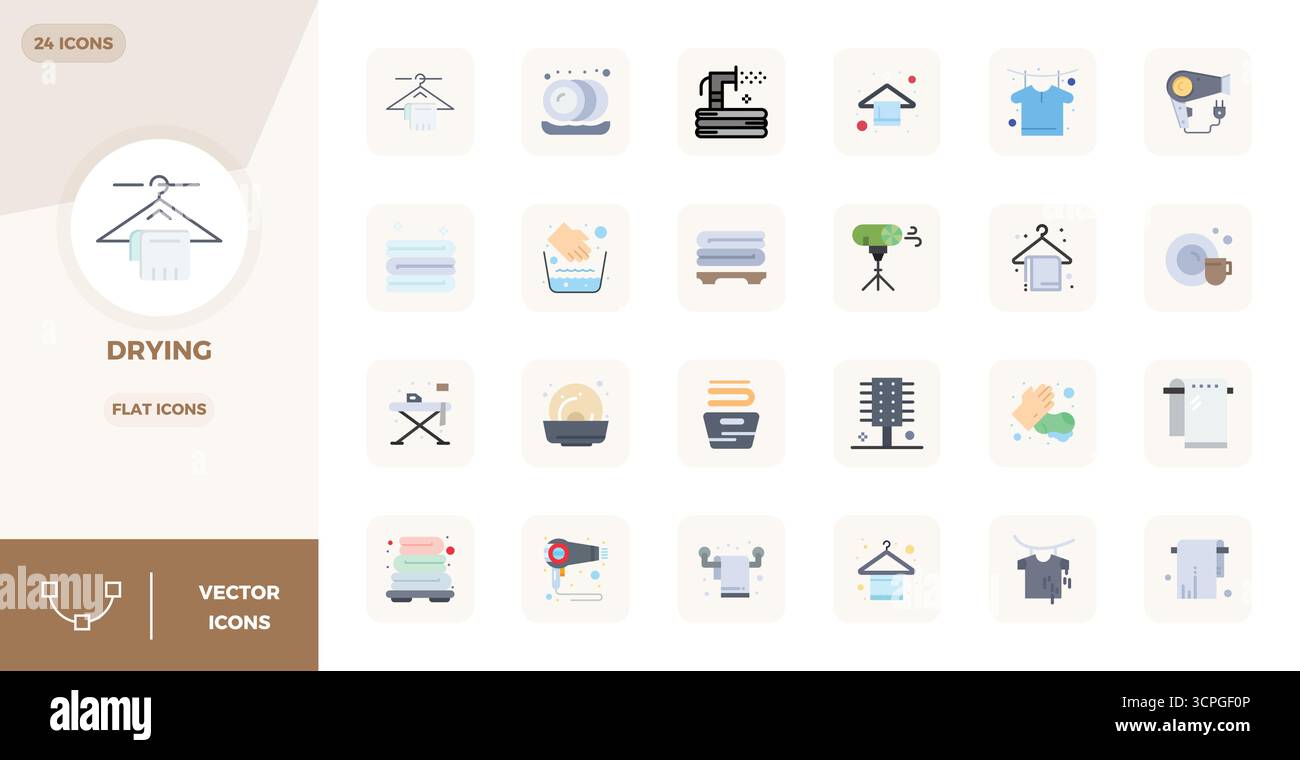 This Drying vector icon pack includes 24 Flat designs in 128x128 PIXEL perfect format, perfect for enhancing digital interfaces. Stock Vector