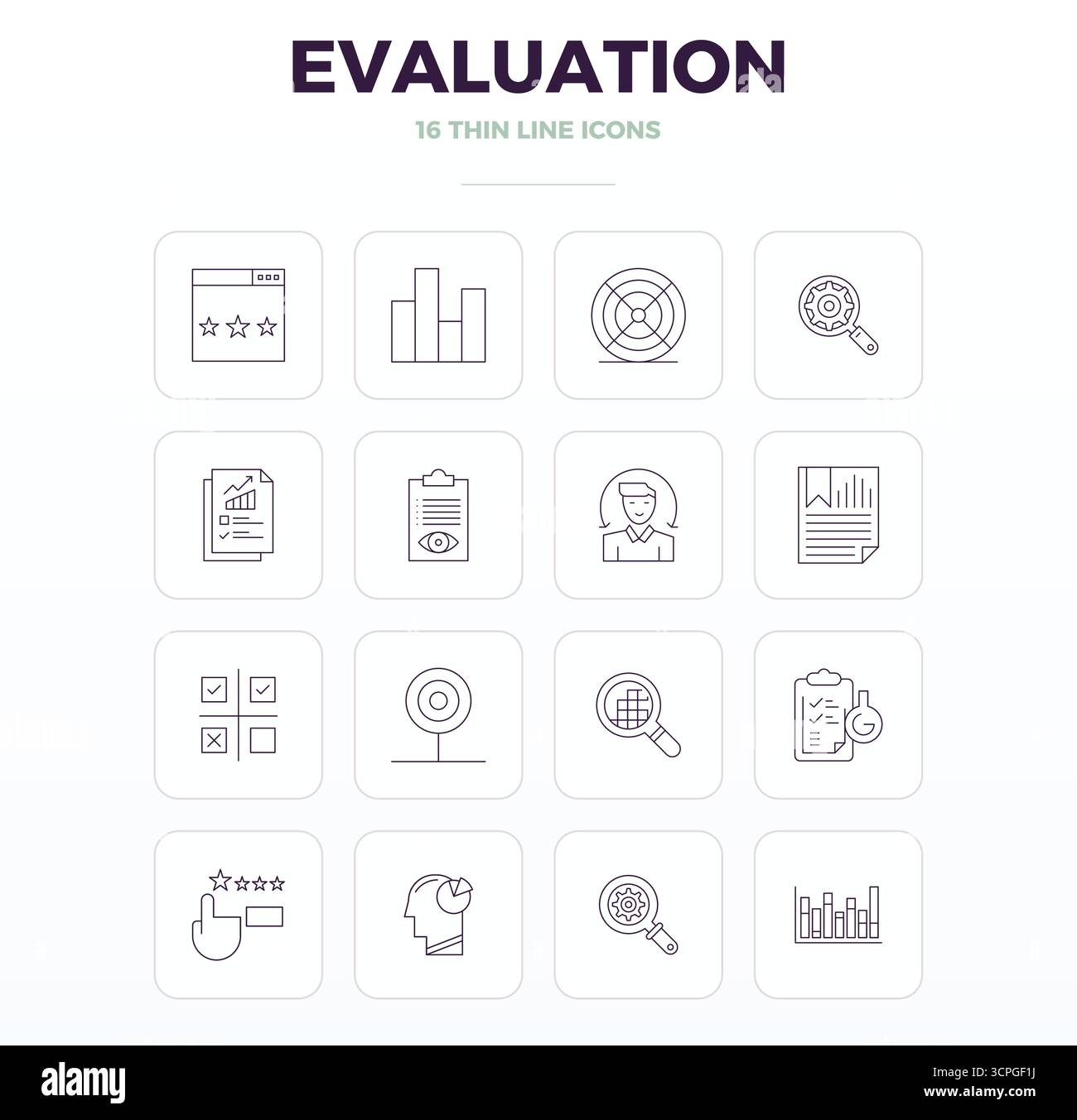 Masterfully created 16 vector icons representing Evaluation in Thin Outline design, featuring 128x128 PIXEL perfect resolution for exceptional visual Stock Vector