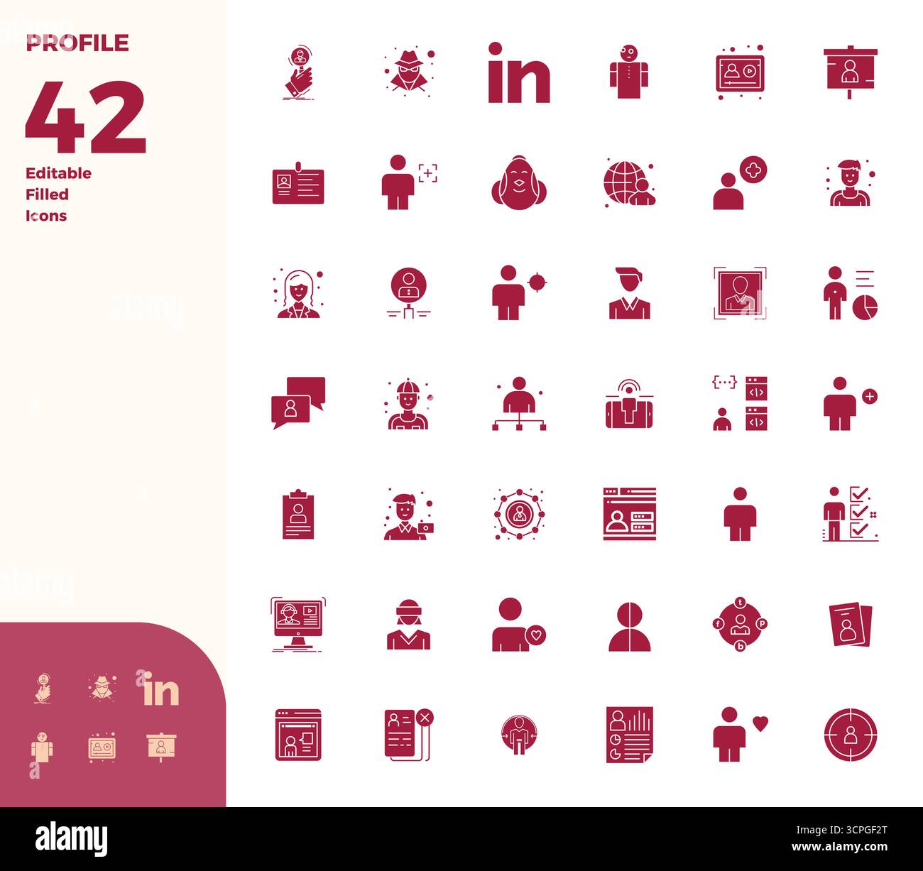 Sophisticated bundle of 42 Glyph Filled vector icons for Profile, engineered with 128x128 PIXEL perfect clarity for professional applications. Stock Vector