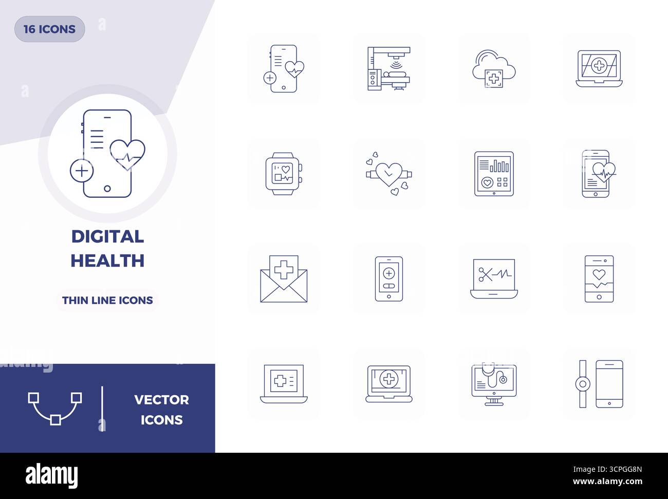 Refined bundle featuring 16 Thin Line vector icons for Digital Health, optimized with 128x128 PIXEL perfect quality for elegant and functional design Stock Vector