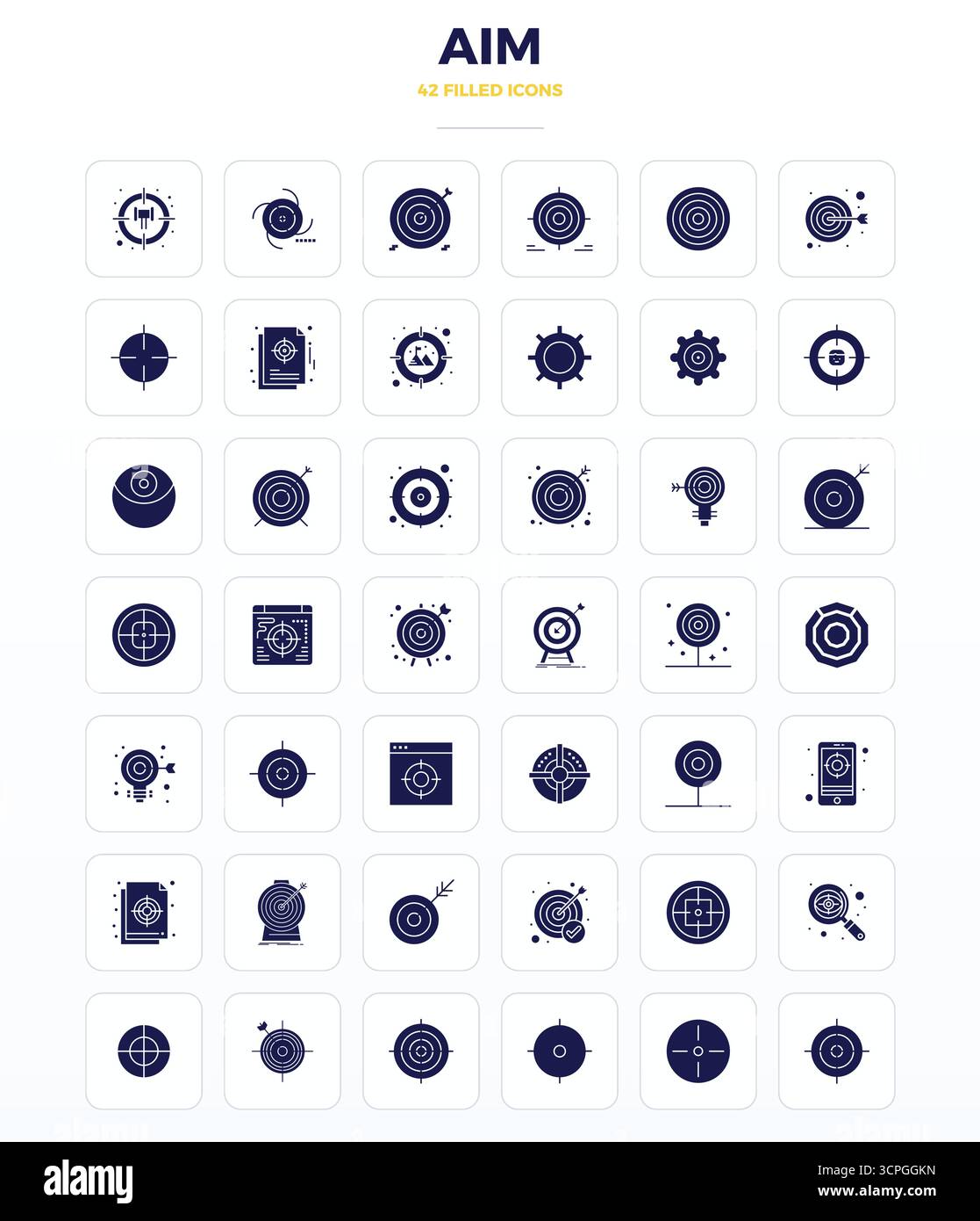 This collection features 42 SolidFill PIXEL perfect vector icons tailored to the Aim theme, optimized in 128x128 format for digital design. Stock Vector