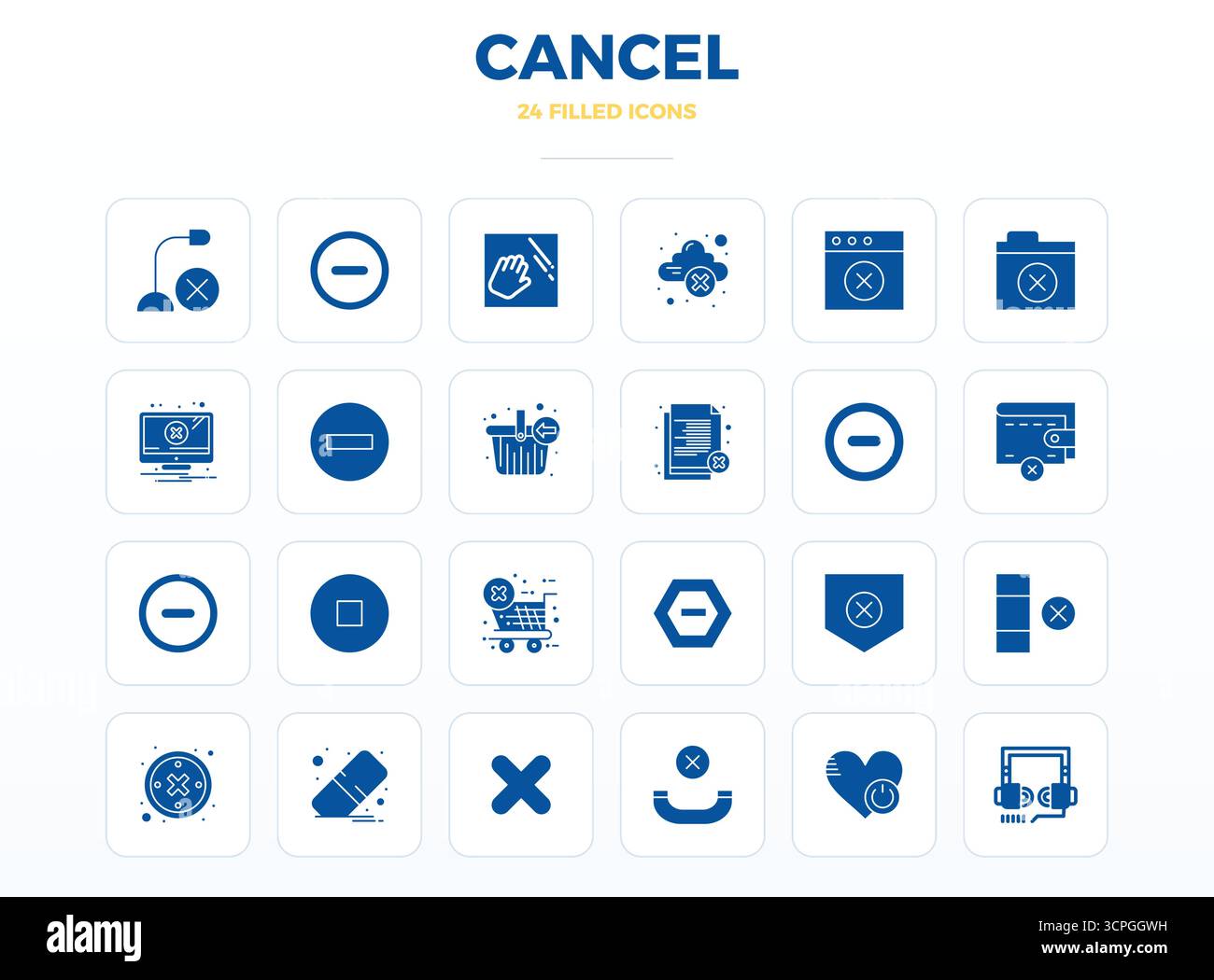 This Cancel vector icon pack includes 24 SolidFill designs in 128x128 PIXEL perfect format, perfect for enhancing digital interfaces. Stock Vector