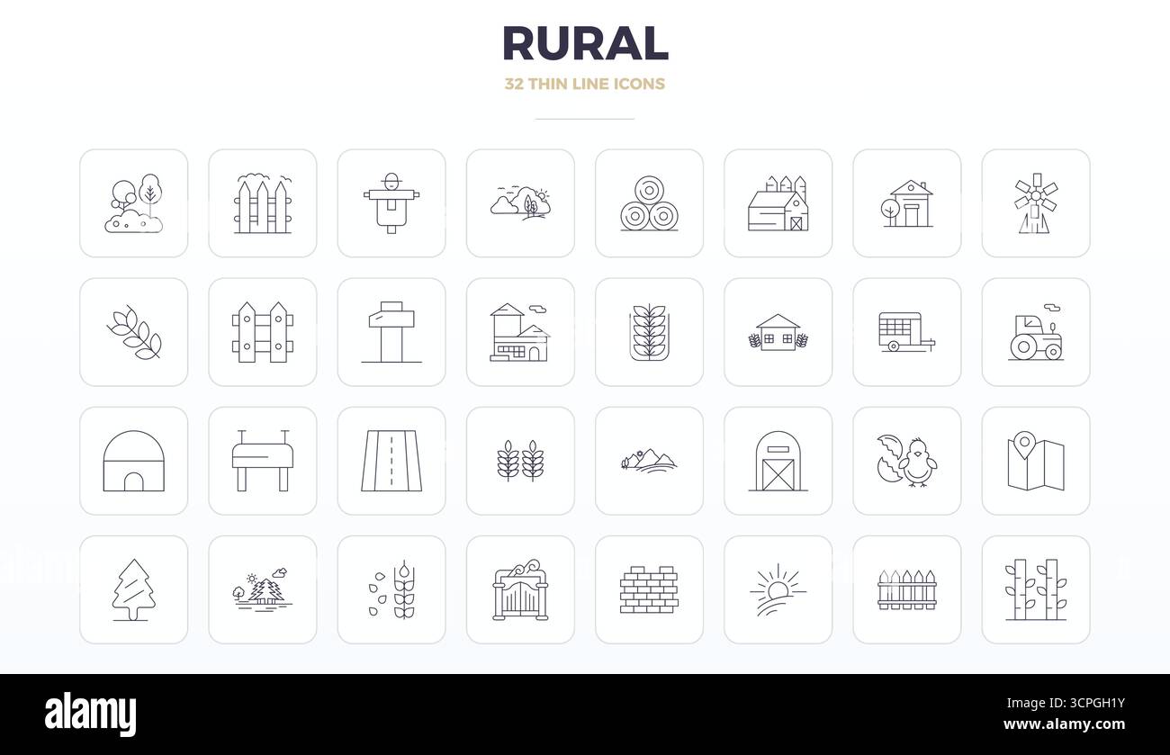 Curated pack of 32 128x128 vector icons in Thin Outline design, centered around Rural concepts with PIXEL perfect clarity. Stock Vector