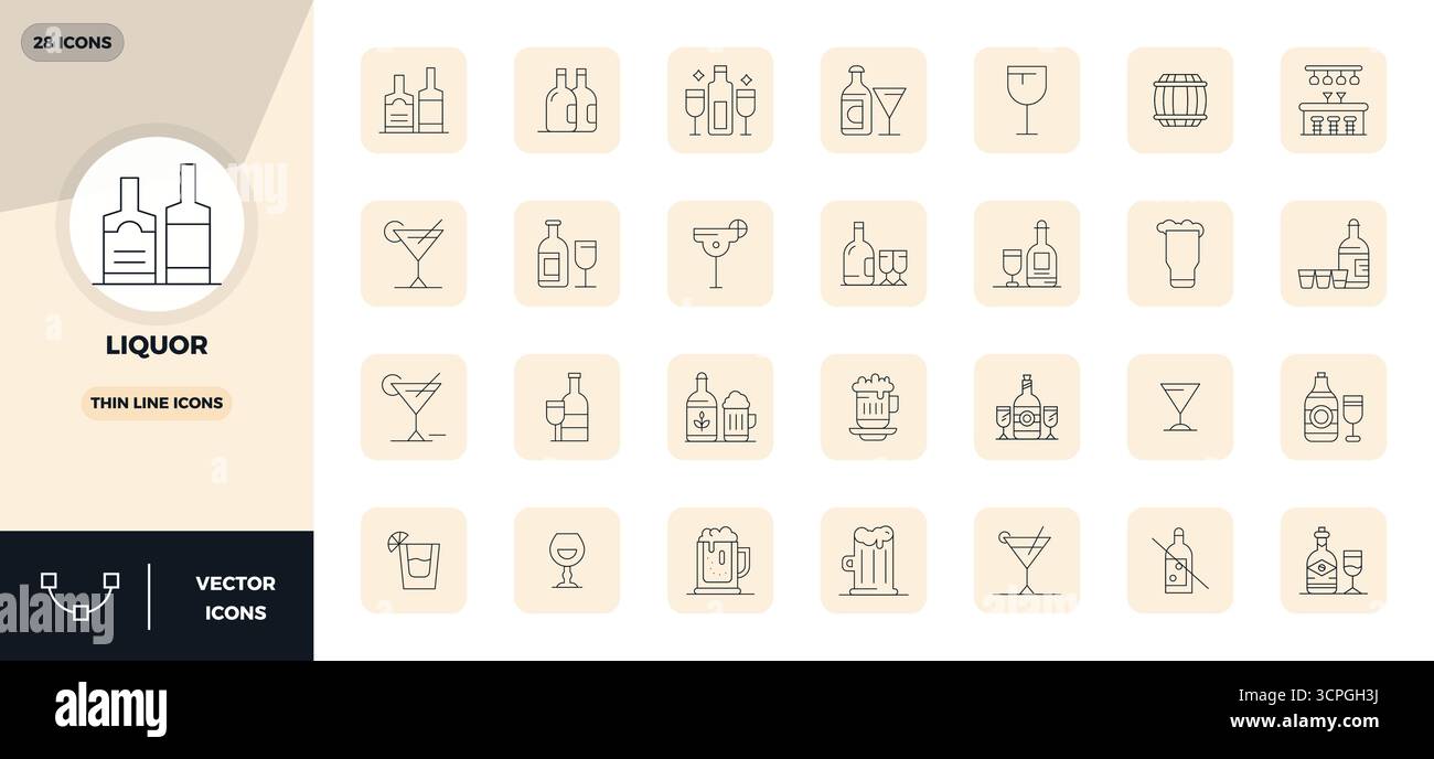 Unlock 28 Thin Line PIXEL perfect vector icons inspired by Liquor, optimized in 128x128 format for flawless display across all devices. Stock Vector