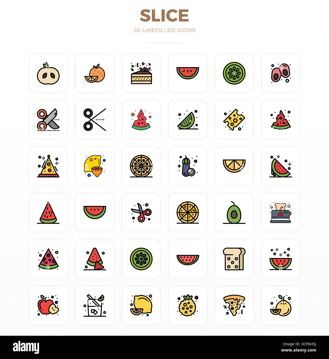 This Slice vector icon pack includes 36 LineFill designs in 128x128 PIXEL perfect format, perfect for enhancing digital interfaces. Stock Vector