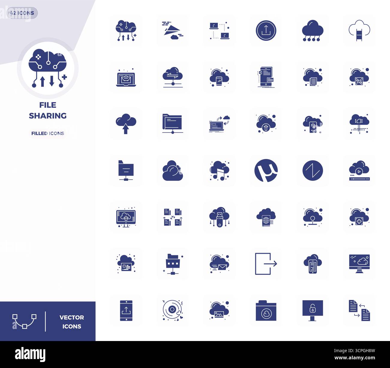 Discover a set of 42 Filled vector icons crafted for the File Sharing theme, featuring 128x128 PIXEL perfect designs ideal for modern UI/UX projects. Stock Vector
