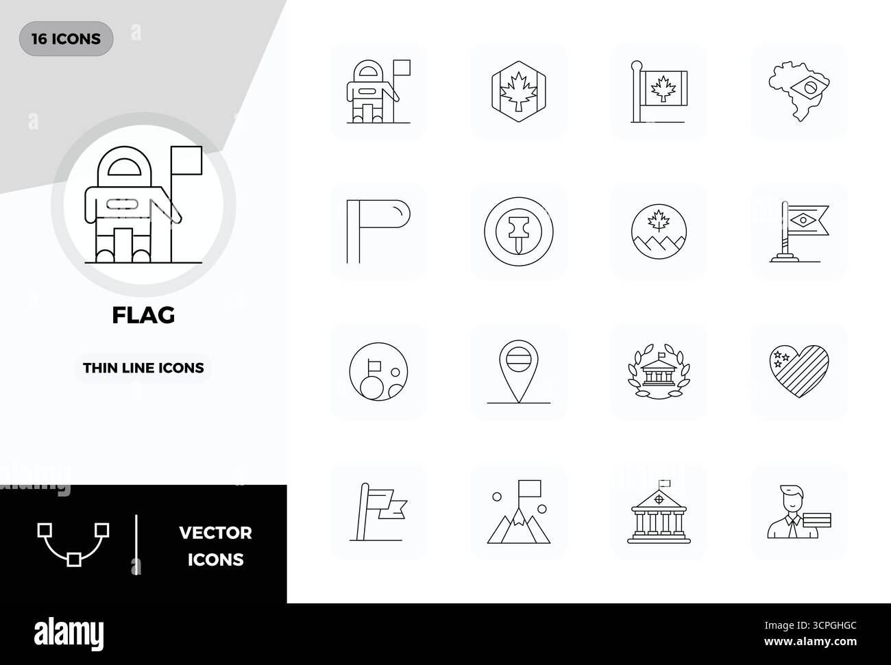 This Flag vector icon pack includes 16 Thin Line designs in 128x128 PIXEL perfect format, perfect for enhancing digital interfaces. Stock Vector