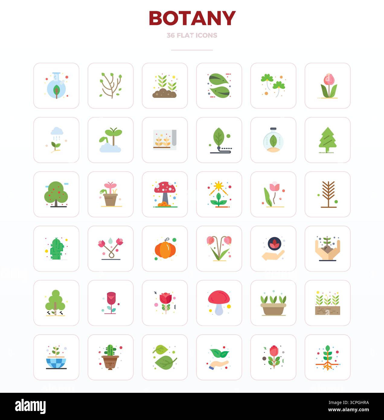 Carefully curated 36 Minimal Flat vector icons for Botany, featuring 128x128 PIXEL perfect resolution for consistent brand representation and user exp Stock Vector