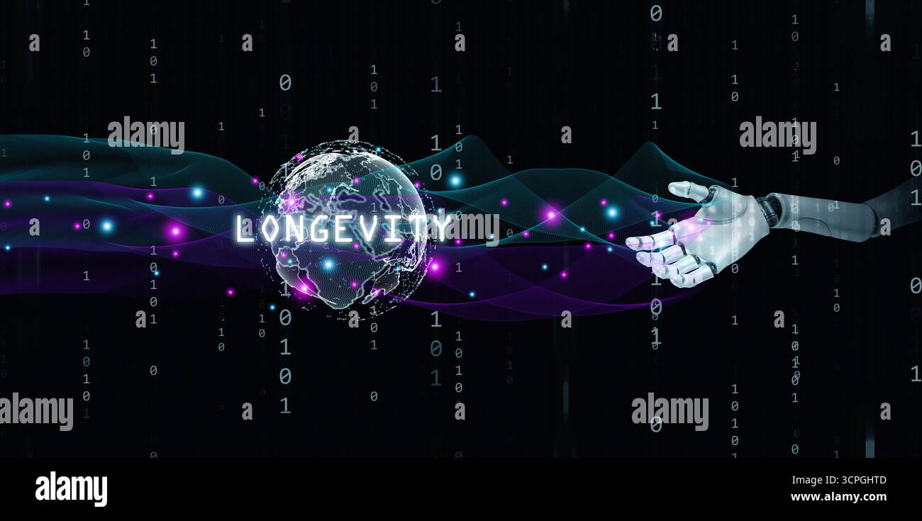 Artificial intelligence robot hand holding global longevity concept with binary numbers, neon wave, and digital earth, representing advanced technolog Stock Photo