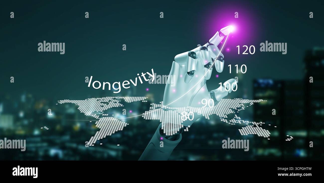 Artificial intelligence robot hand presenting longevity with global map and numeric data visualization, representing innovation, biotechnology, health Stock Photo