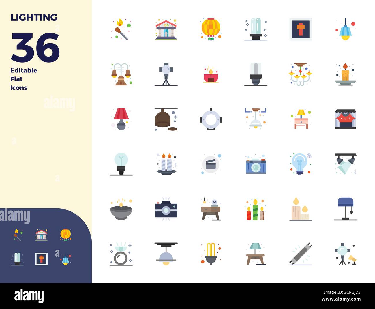 A dynamic set of 36 vector icons in Flat, tailored for Lighting with 128x128 PIXEL perfect quality suited for digital products. Stock Vector