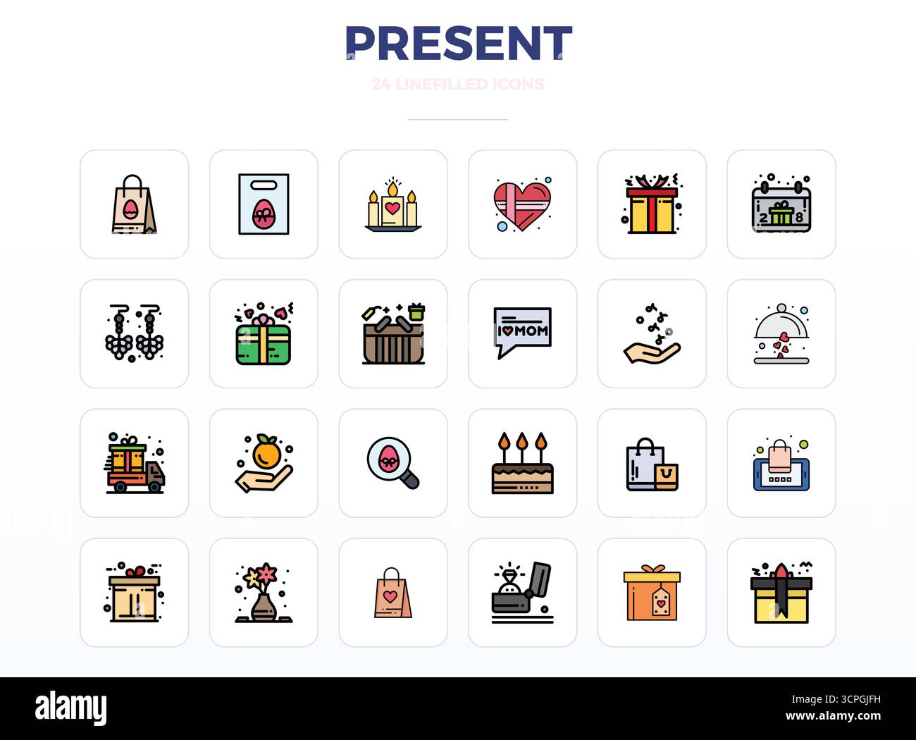 Distinctive pack of 24 PIXEL perfect vector icons inspired by Present, crafted in LineFill format at 128x128 for memorable brand experiences. Stock Vector