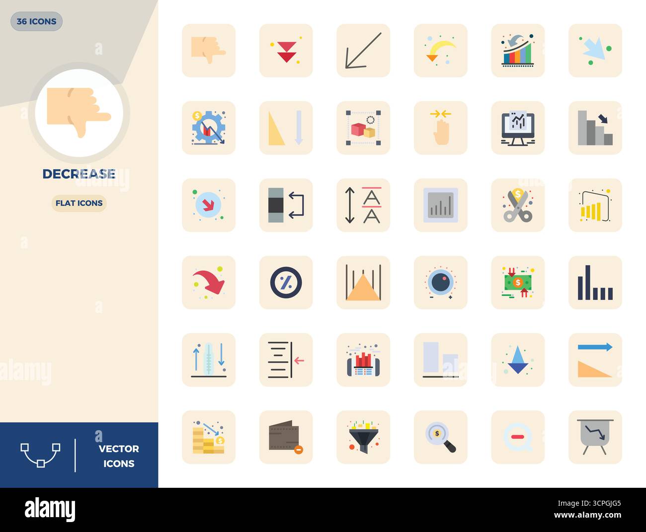 Exclusive collection of 36 Flat vector icons for Decrease, developed with 128x128 PIXEL perfect resolution for premium brand experiences. Stock Vector