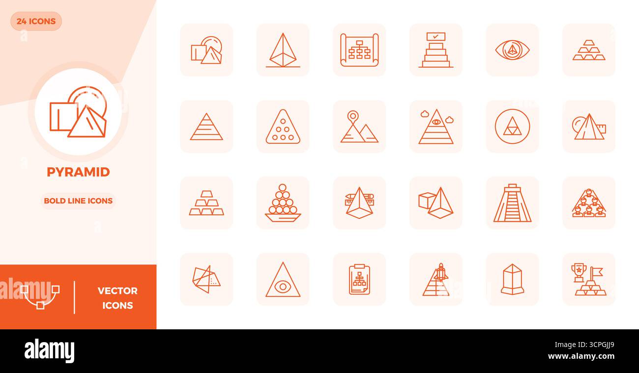 Contemporary collection of 24 vector icons representing Pyramid in Bold ...