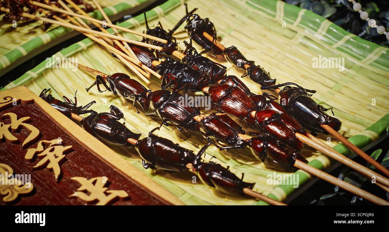 Chengdu Insects Chengdu, Sichuan, China. Fried Bugs. Cooked Insects Thread On Skewers ...