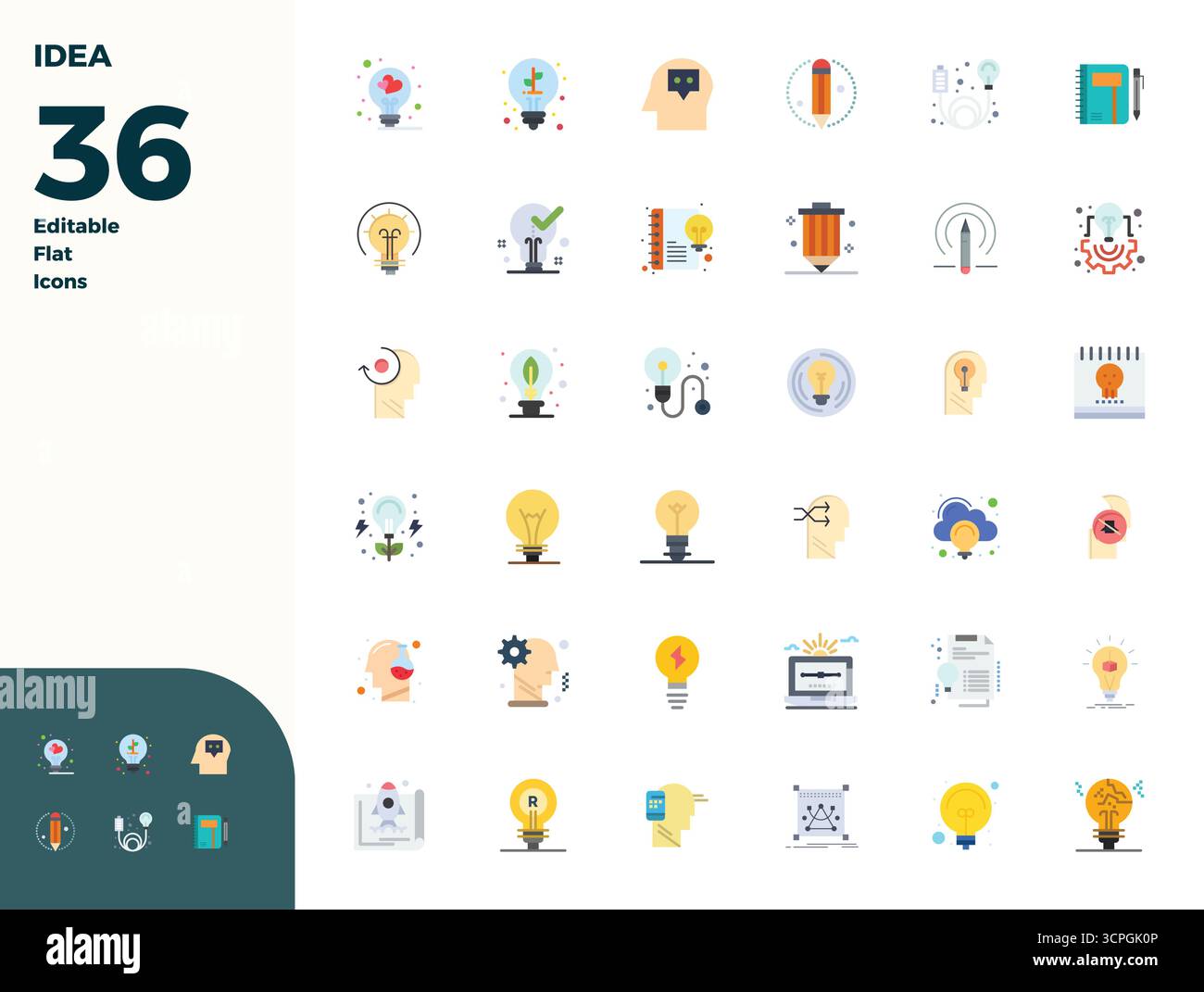 Vector pack with 36 Flat PIXEL perfect icons inspired by Idea, delivered in 128x128 resolution ideal for scalable and creative design work. Stock Vector