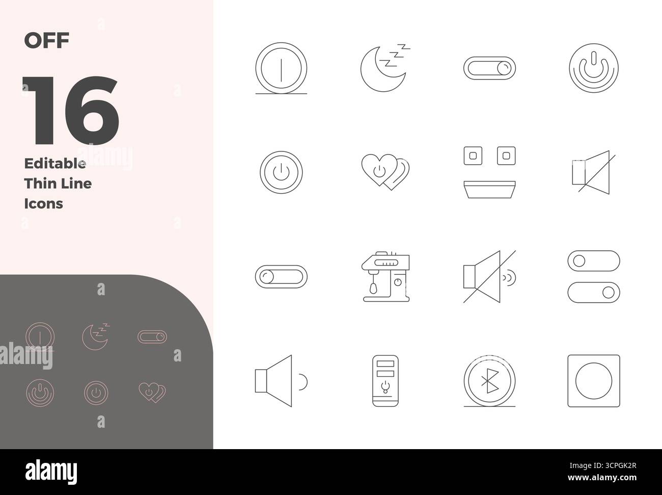 This collection features 16 Thin Line PIXEL perfect vector icons tailored to the Off theme, optimized in 128x128 format for digital design. Stock Vector