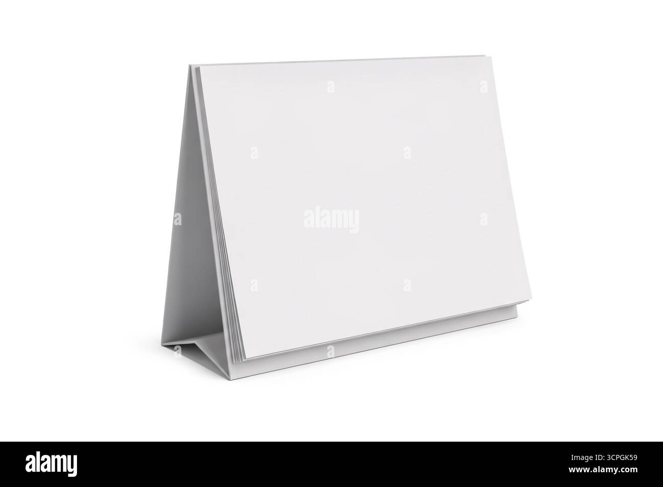 3d rendering of a blank standing desk calendar mockup with a triangular base, isolated on white background, ideal for branding, scheduling, or promoti Stock Photo