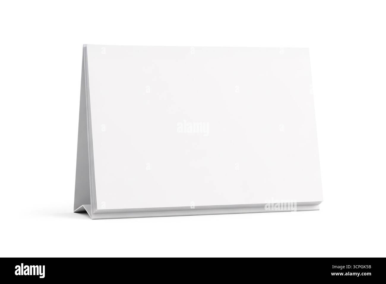 3d rendering of a blank standing desk calendar mockup with a triangular base, isolated on white background, ideal for branding, scheduling, or promoti Stock Photo