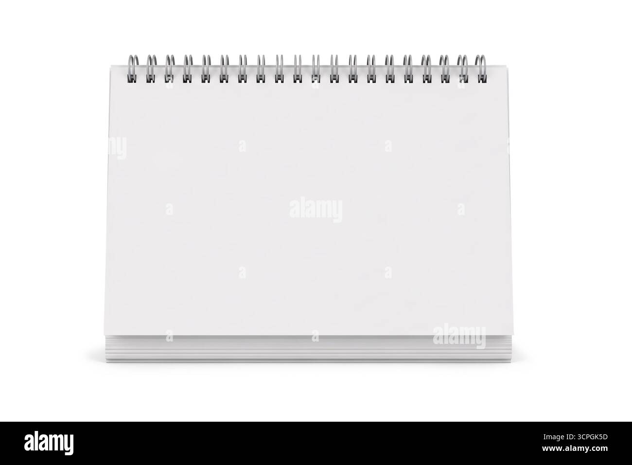 3d rendering of a blank standing desk calendar mockup with a triangular base, isolated on white background, ideal for branding, scheduling, or promoti Stock Photo