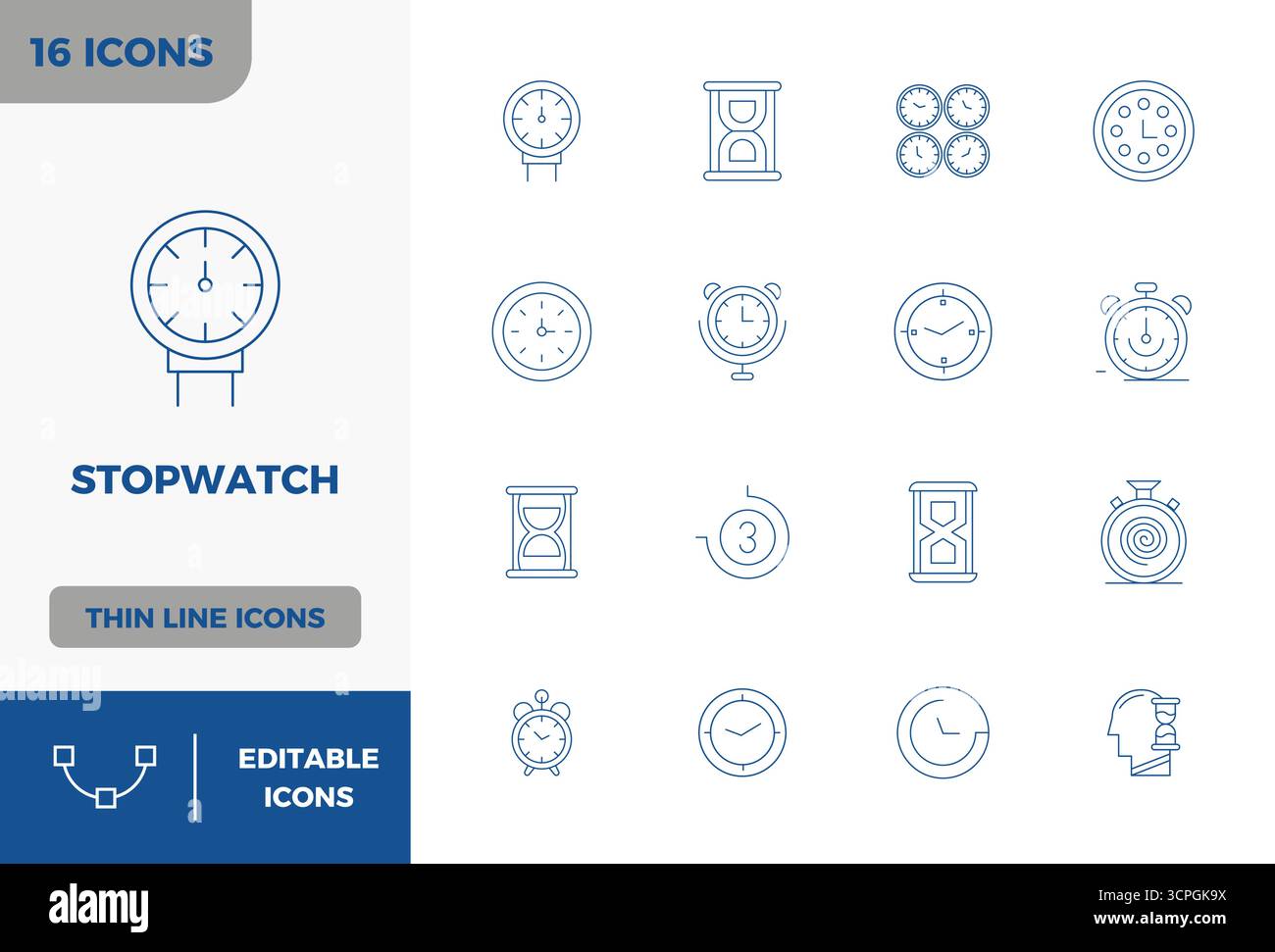 This set of 16 Minimal Line vector icons captures Stopwatch themes in 128x128 PIXEL perfect quality, perfect for tech and business applications. Stock Vector