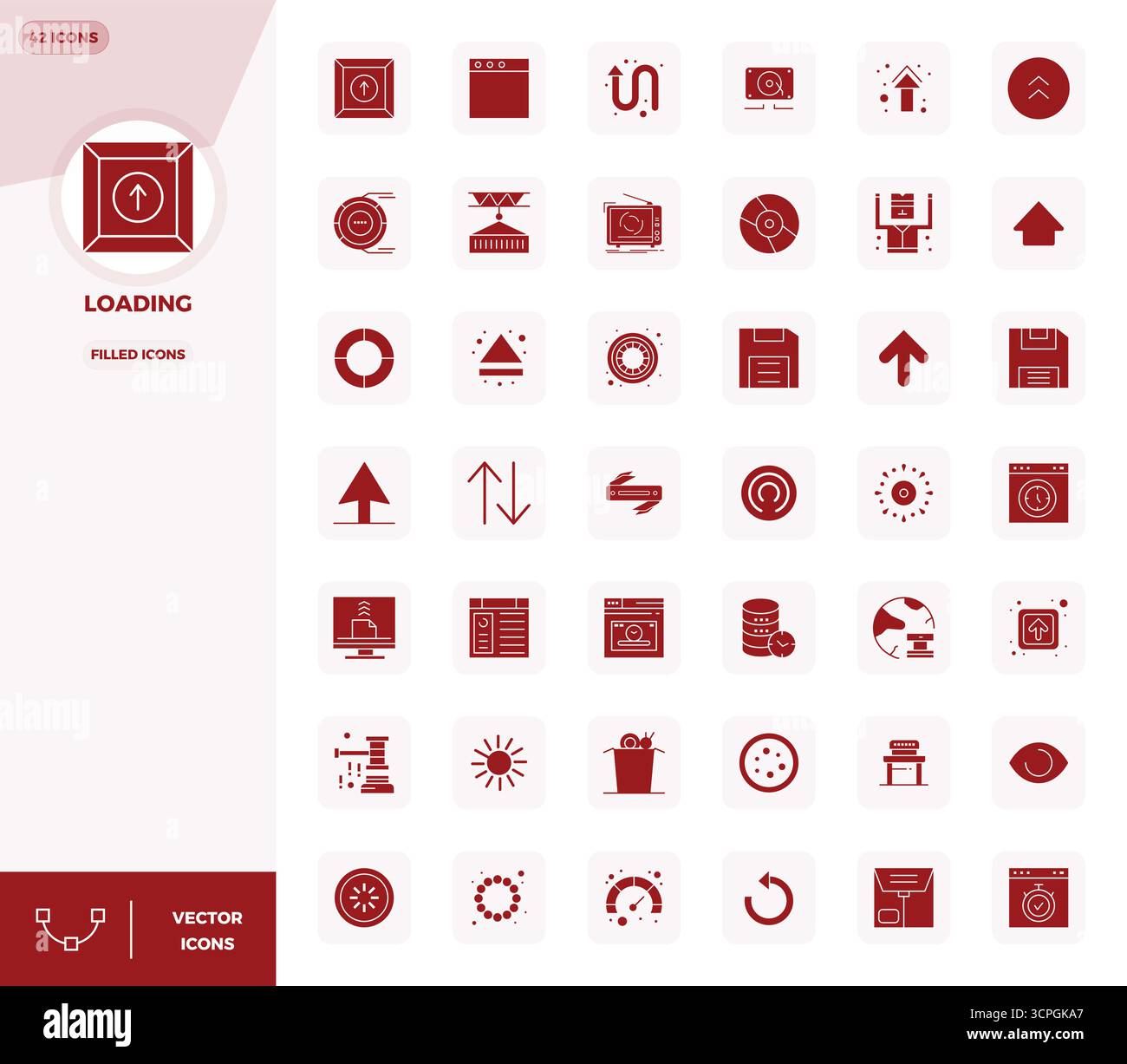This Loading vector icon pack includes 42 Filled designs in 128x128 PIXEL perfect format, perfect for enhancing digital interfaces. Stock Vector