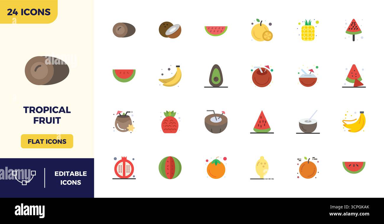 Revolutionary set of 24 PIXEL perfect vector icons inspired by Tropical Fruit, created in Flat Color format at 128x128 resolution for cutting-edge des Stock Vector