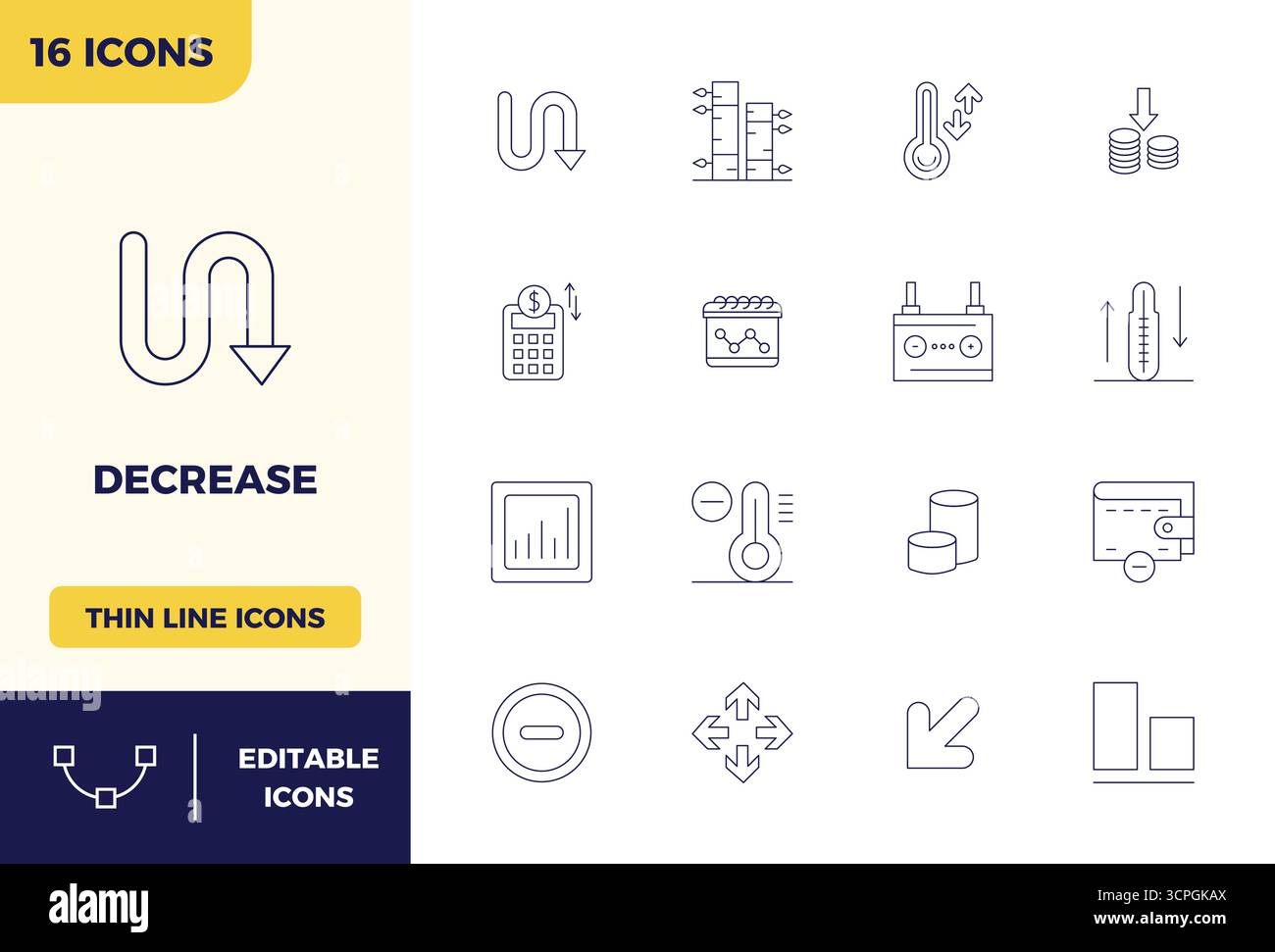 Collection of 16 Minimal Line PIXEL perfect vector icons for Decrease, designed in 128x128 format for clarity and versatility. Stock Vector