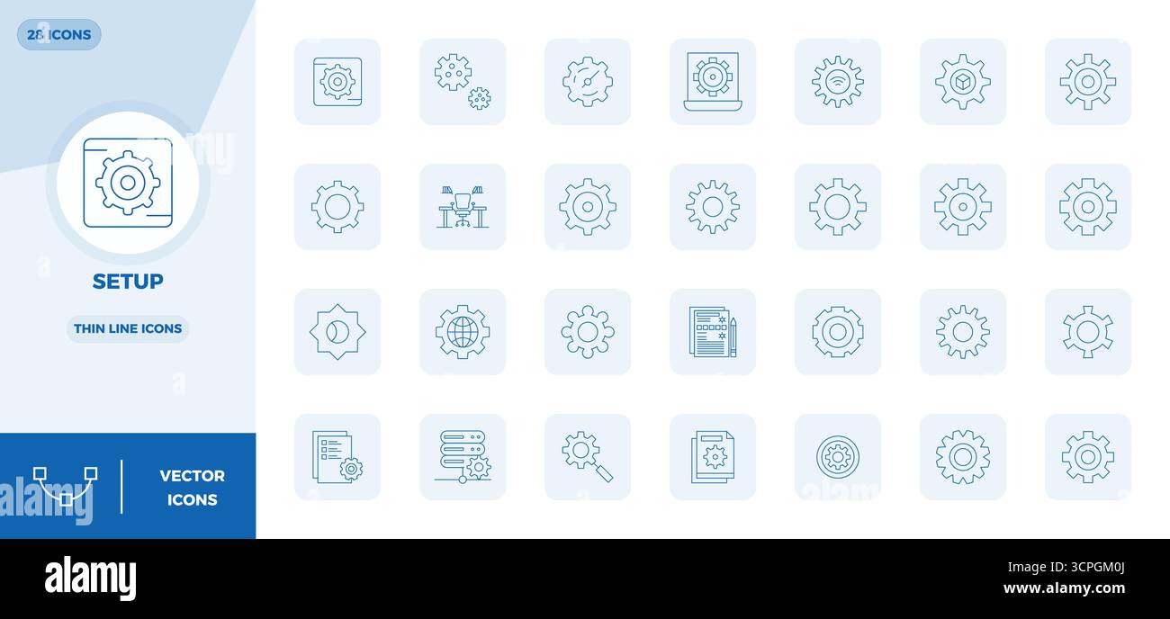 Explore 28 Thin Line PIXEL perfect vector icons in 128x128 resolution inspired by Setup. Perfect for web and app interfaces. Stock Vector