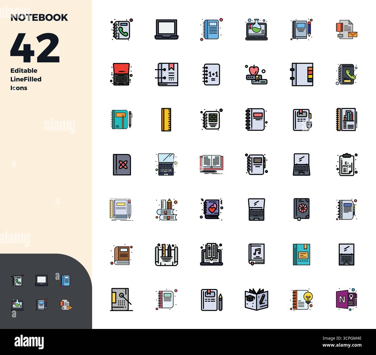 This Notebook vector icon pack includes 42 Duotone designs in 128x128 PIXEL perfect format, perfect for enhancing digital interfaces. Stock Vector