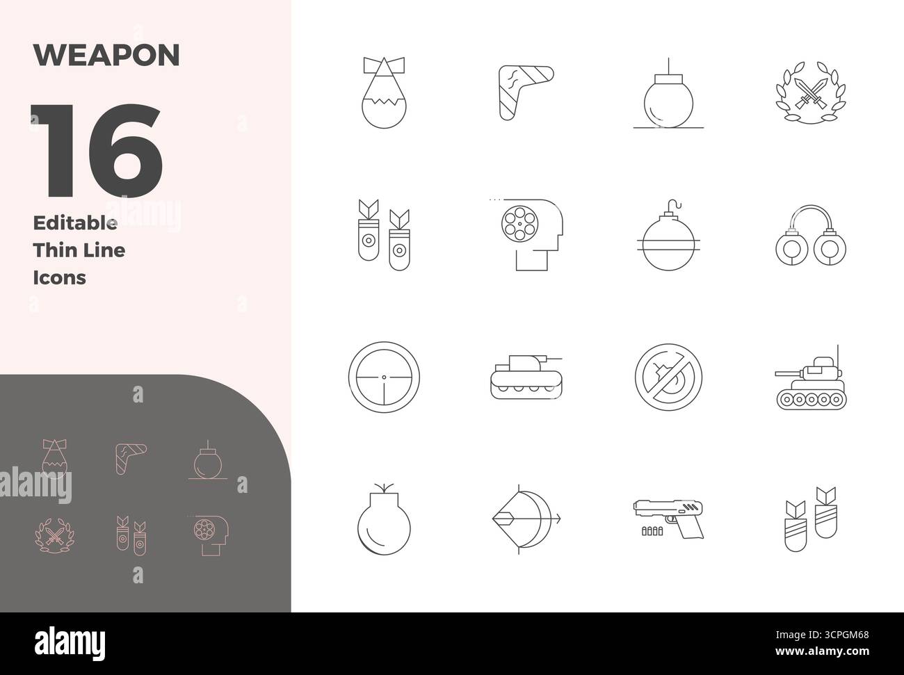 Download 16 scalable Thin Line vector icons designed for Weapon, featuring PIXEL perfect 128x128 resolution suitable for professional and creative pro Stock Vector