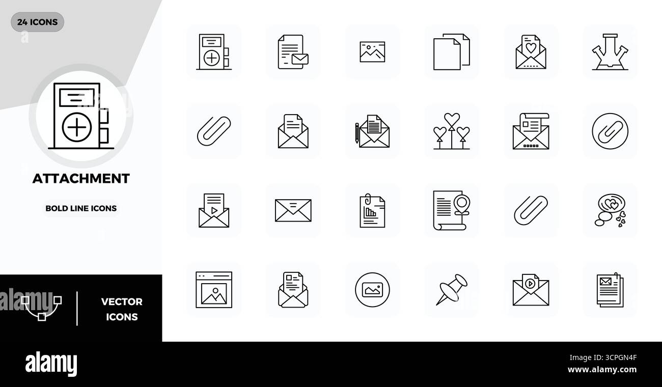Vector pack with 24 Bold Line PIXEL perfect icons inspired by Attachment, delivered in 128x128 resolution ideal for scalable and creative design work. Stock Vector