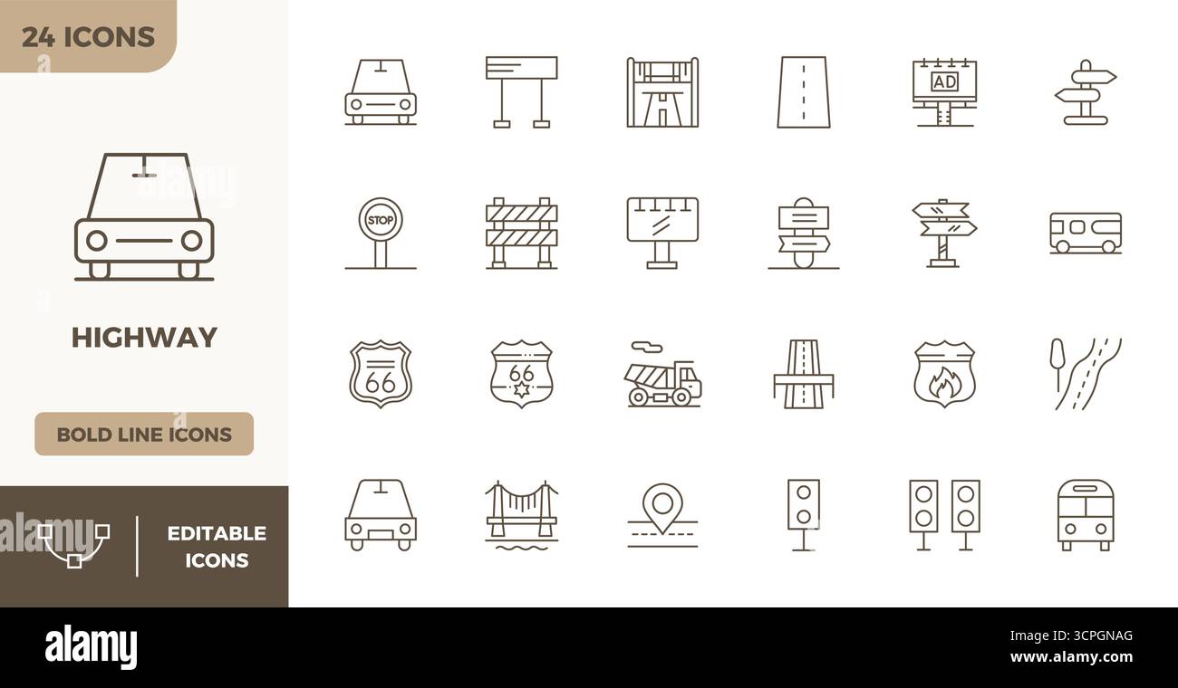 Masterfully created 24 vector icons representing Highway in Heavy Line ...