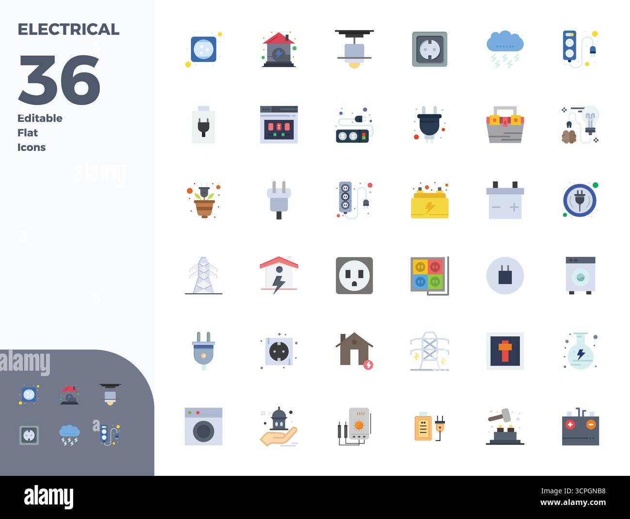 This Electrical vector icon pack includes 36 Flat designs in 128x128 PIXEL perfect format, perfect for enhancing digital interfaces. Stock Vector