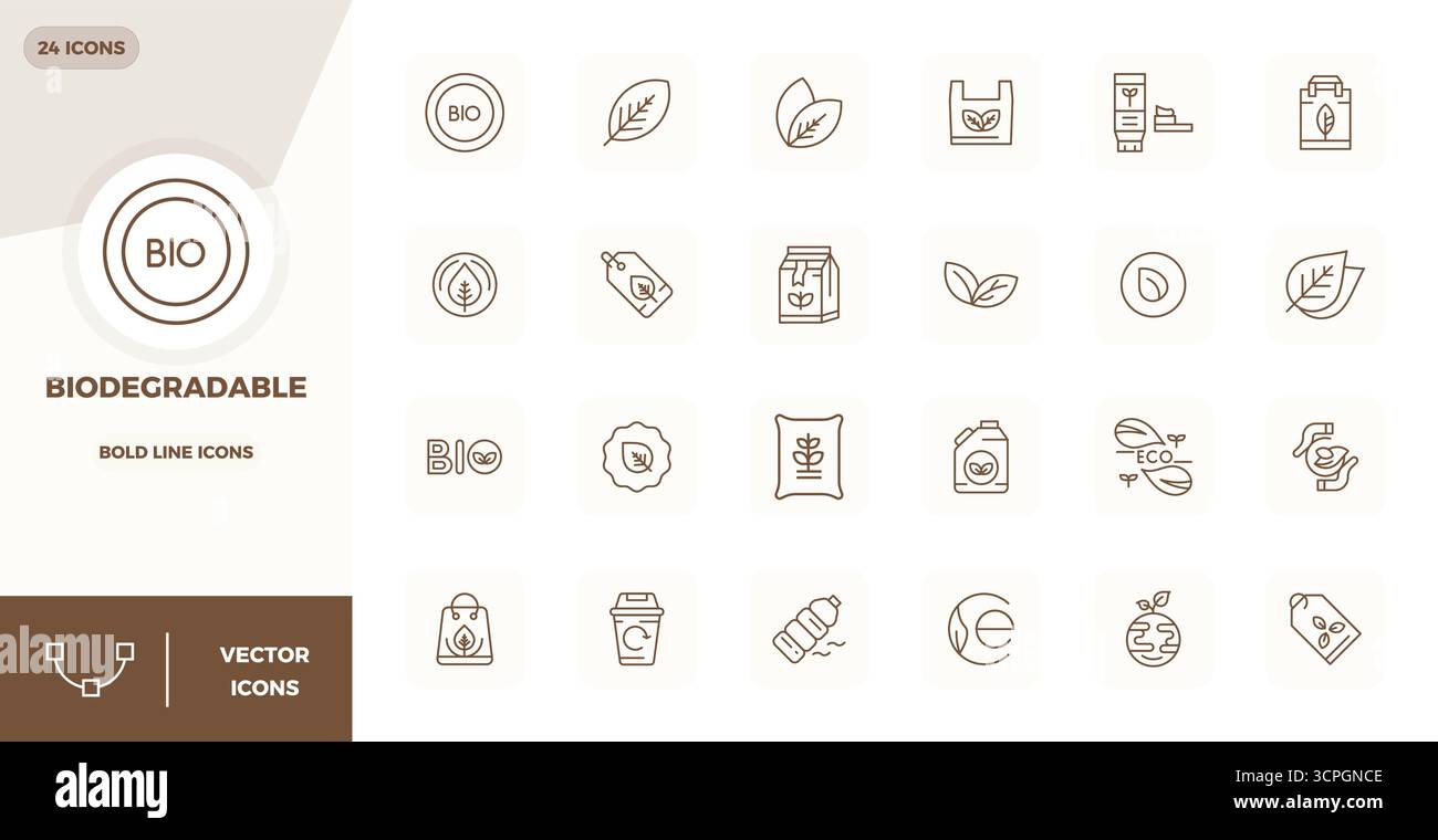 Masterfully created 24 vector icons representing Biodegradable in Bold Line design, featuring 128x128 PIXEL perfect resolution for exceptional visual Stock Vector