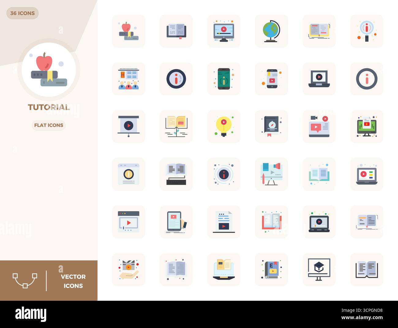 Strategic bundle featuring 36 vector icons representing Tutorial in Flat format, optimized with 128x128 PIXEL perfect quality for professional workflo Stock Vector