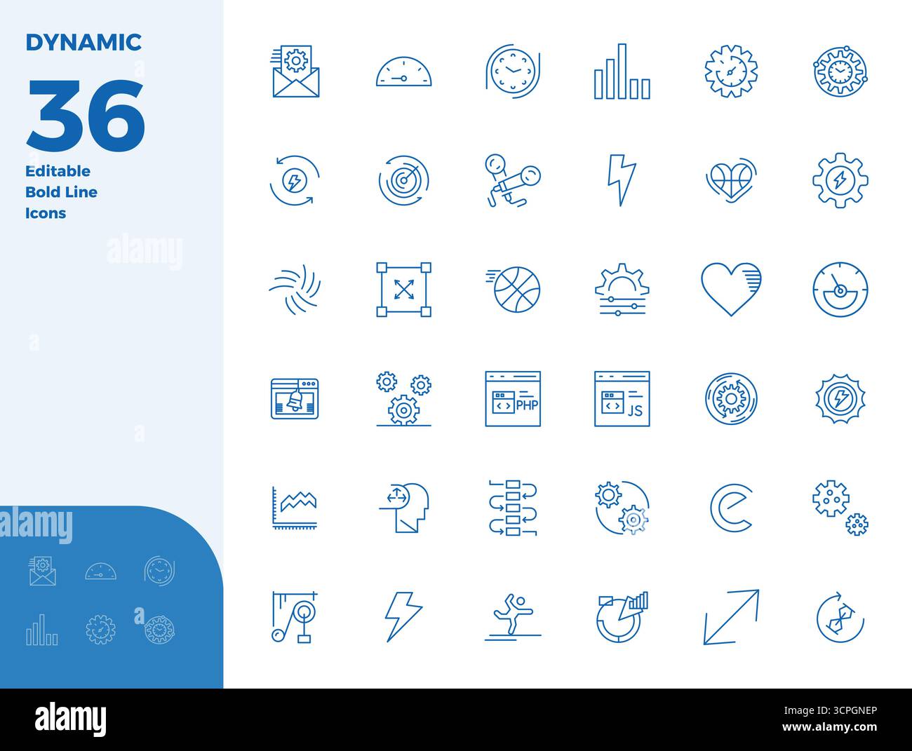 Industry-leading pack of 36 Bold Line PIXEL perfect vector icons for Dynamic, sized at 128x128 for optimal rendering and user interface excellence. Stock Vector