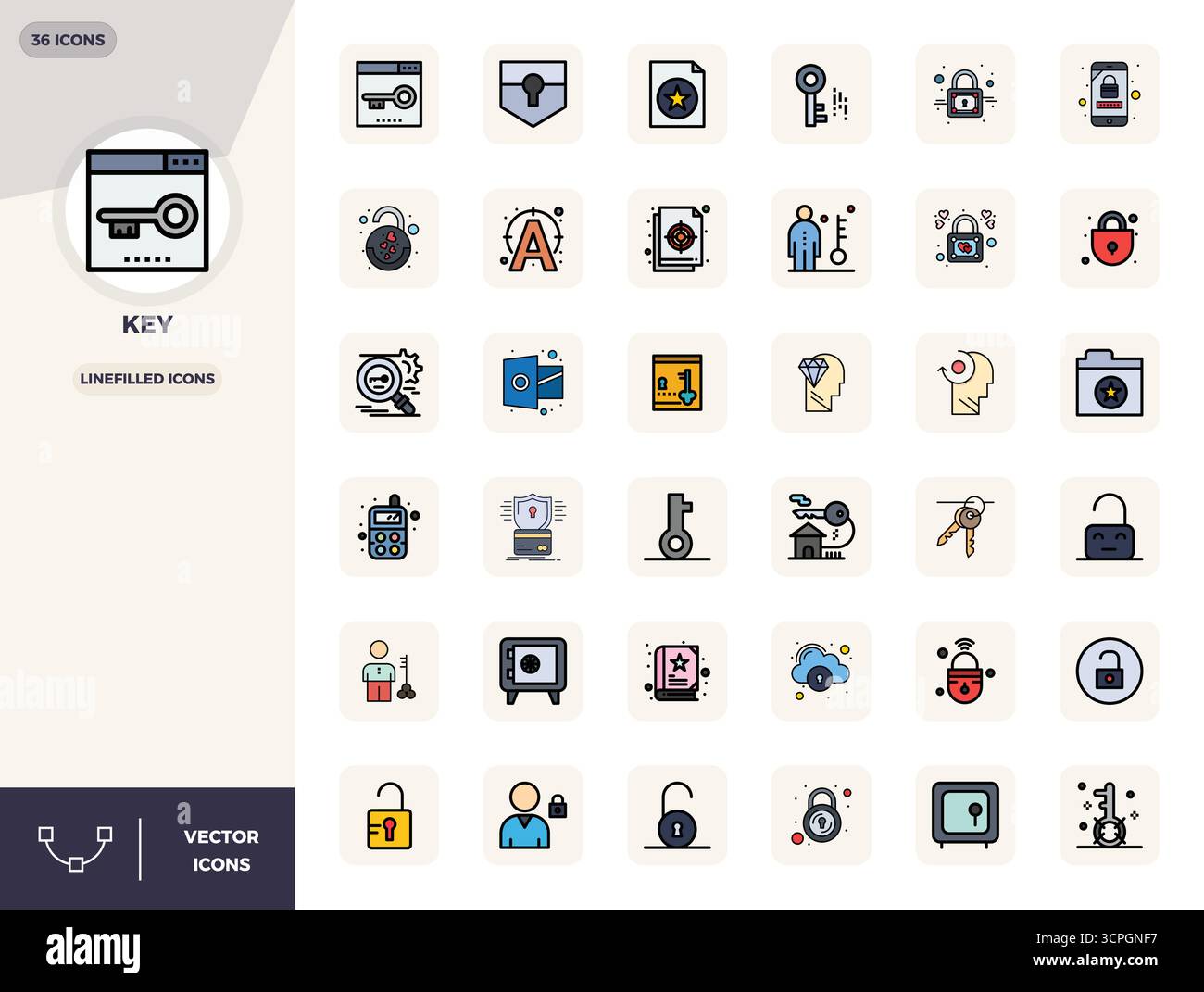Revolutionary set of 36 PIXEL perfect vector icons inspired by Key, created in LineFilled format at 128x128 resolution for cutting-edge design. Stock Vector