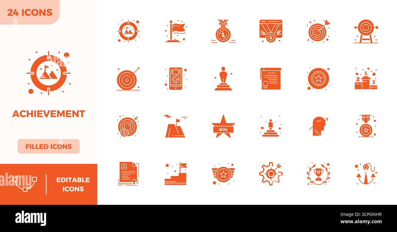 Expertly designed 24 Filled PIXEL perfect vector icons for Achievement, engineered at 128x128 resolution for flawless integration and performance. Stock Vector