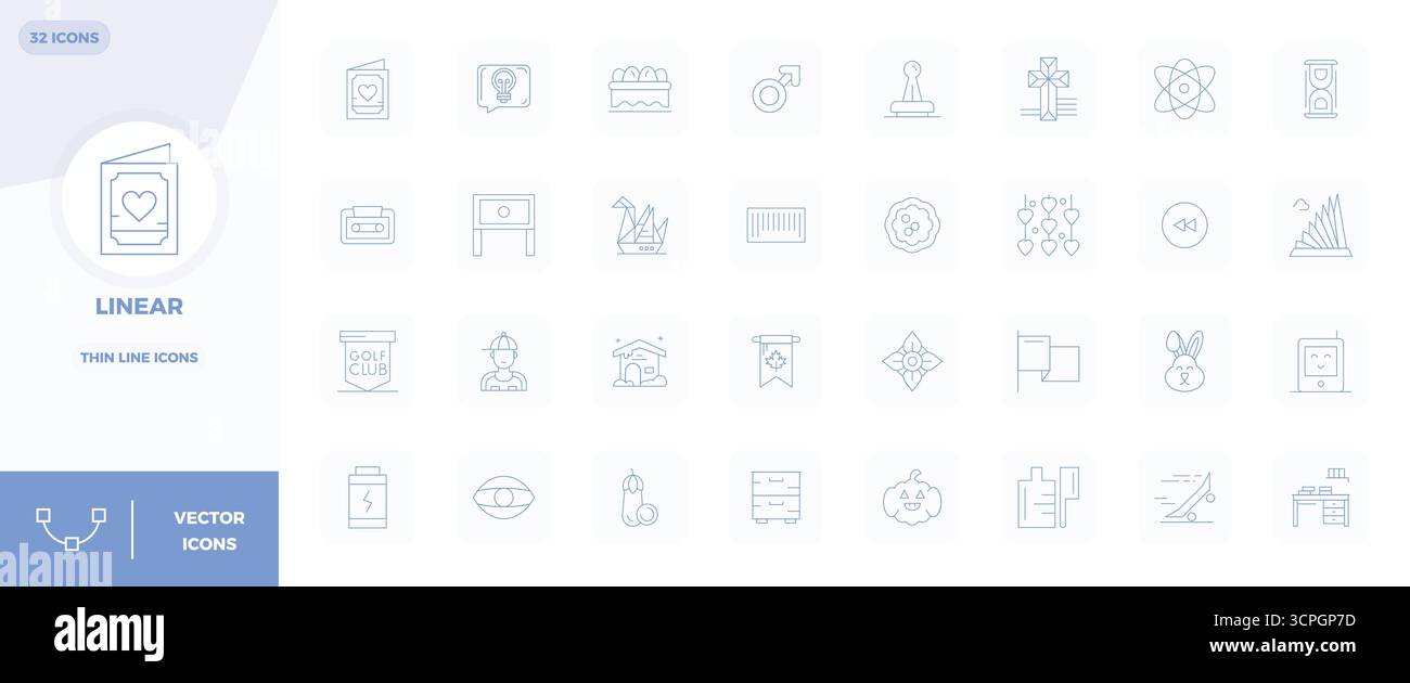 This Linear vector icon pack includes 32 Thin Line designs in 128x128 PIXEL perfect format, perfect for enhancing digital interfaces. Stock Vector