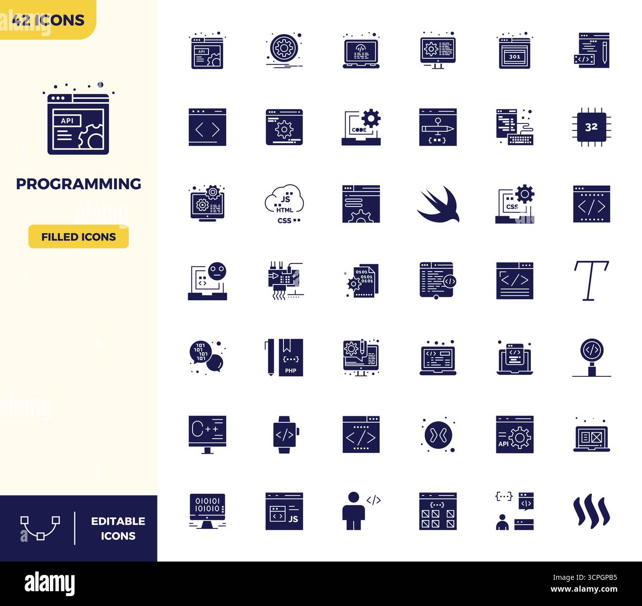 Strategic bundle featuring 42 vector icons representing Programming in Filled format, optimized with 128x128 PIXEL perfect quality for professional wo Stock Vector