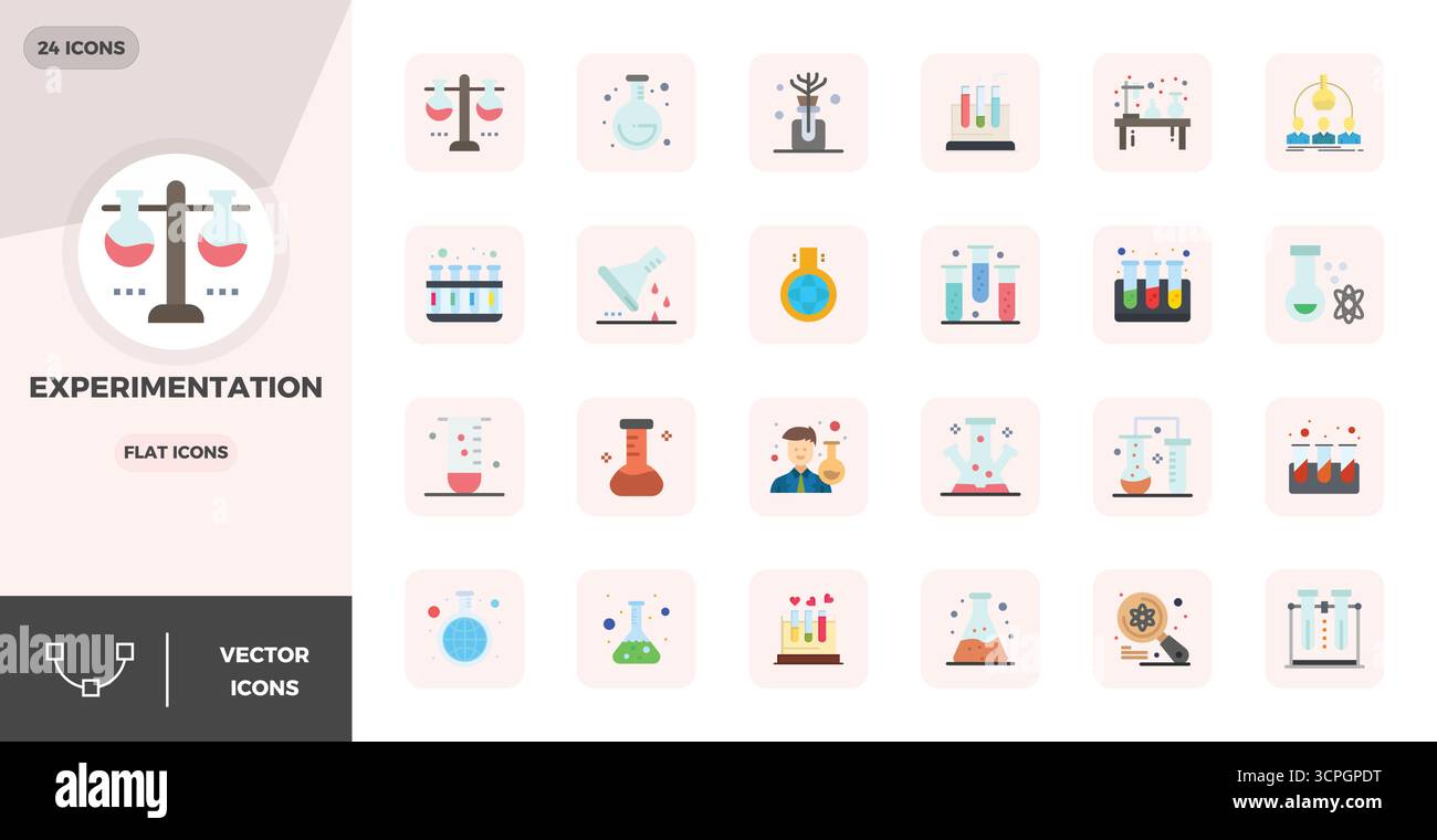 Masterfully created 24 vector icons representing Experimentation in Flat design, featuring 128x128 PIXEL perfect resolution for exceptional visual qua Stock Vector