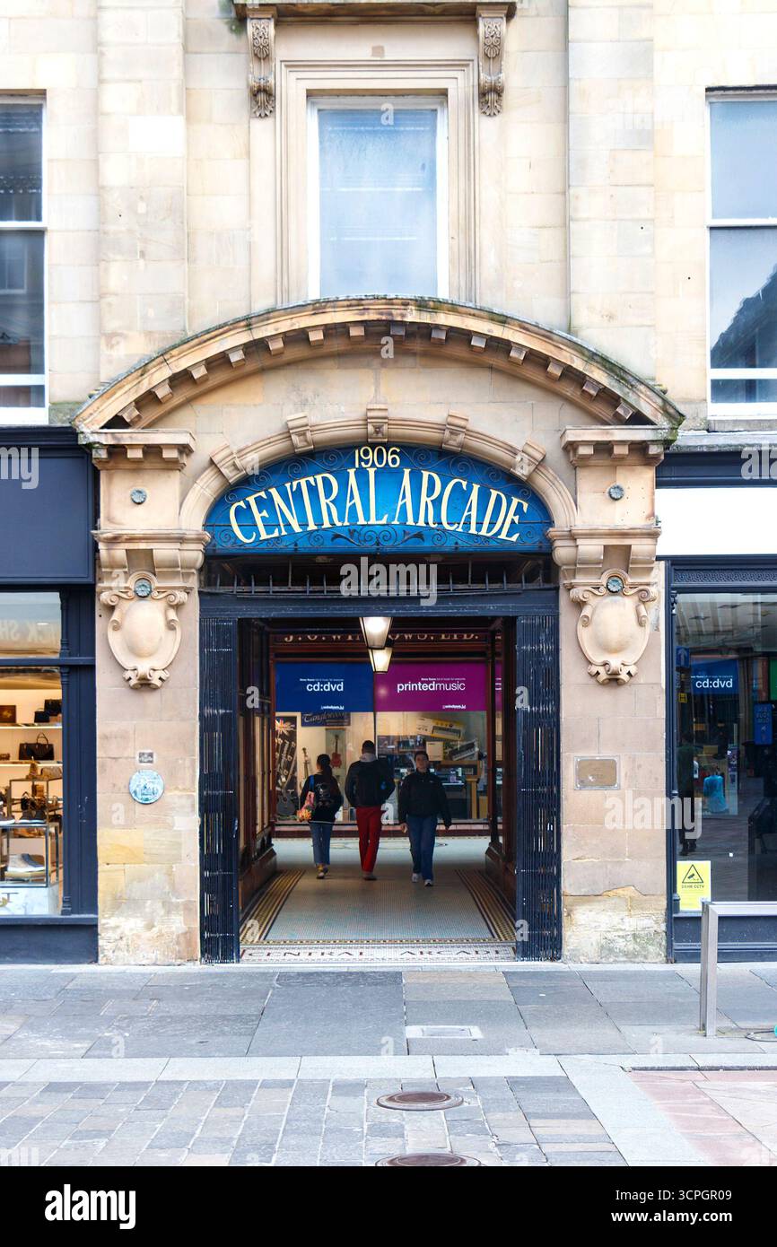 Entrance of Central Arcade, a historic shopping venue with architectural features, showing people entering the arcade newcastle upon tyne Stock Photo