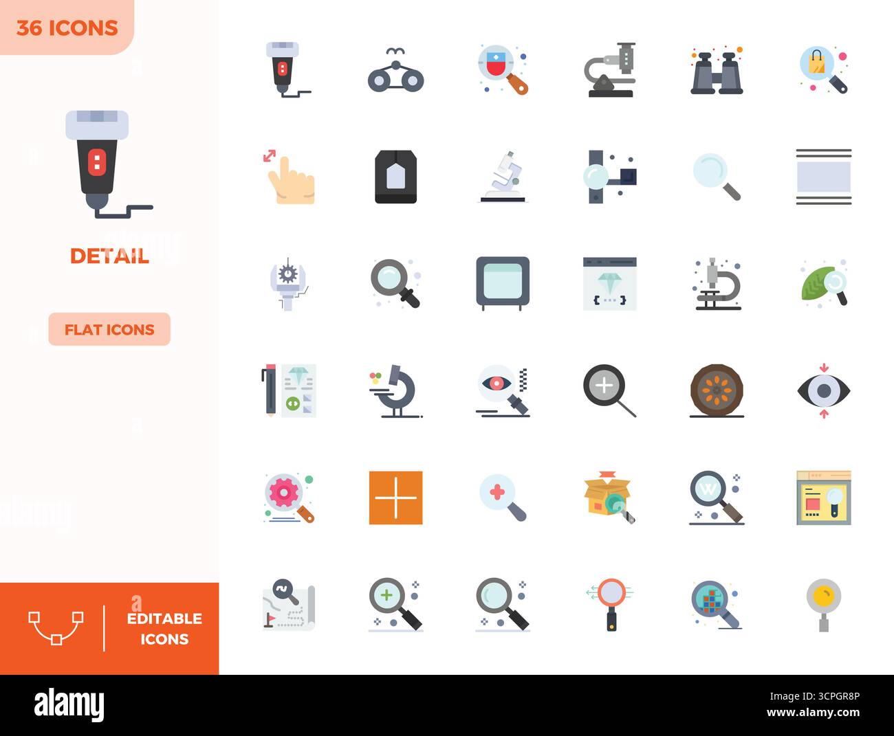 Carefully curated 36 Flat Color vector icons for Detail, featuring 128x128 PIXEL perfect resolution for consistent brand representation and user exper Stock Vector