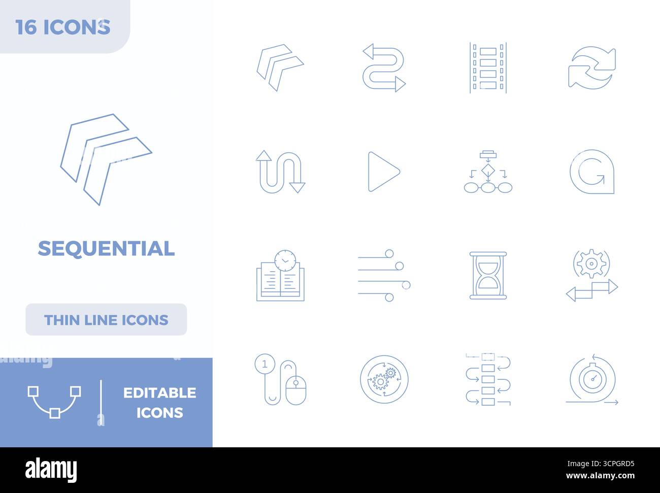 Streamlined set of 16 vector icons for Sequential in Minimal Line aesthetic, featuring 128x128 PIXEL perfect resolution for seamless user experiences. Stock Vector
