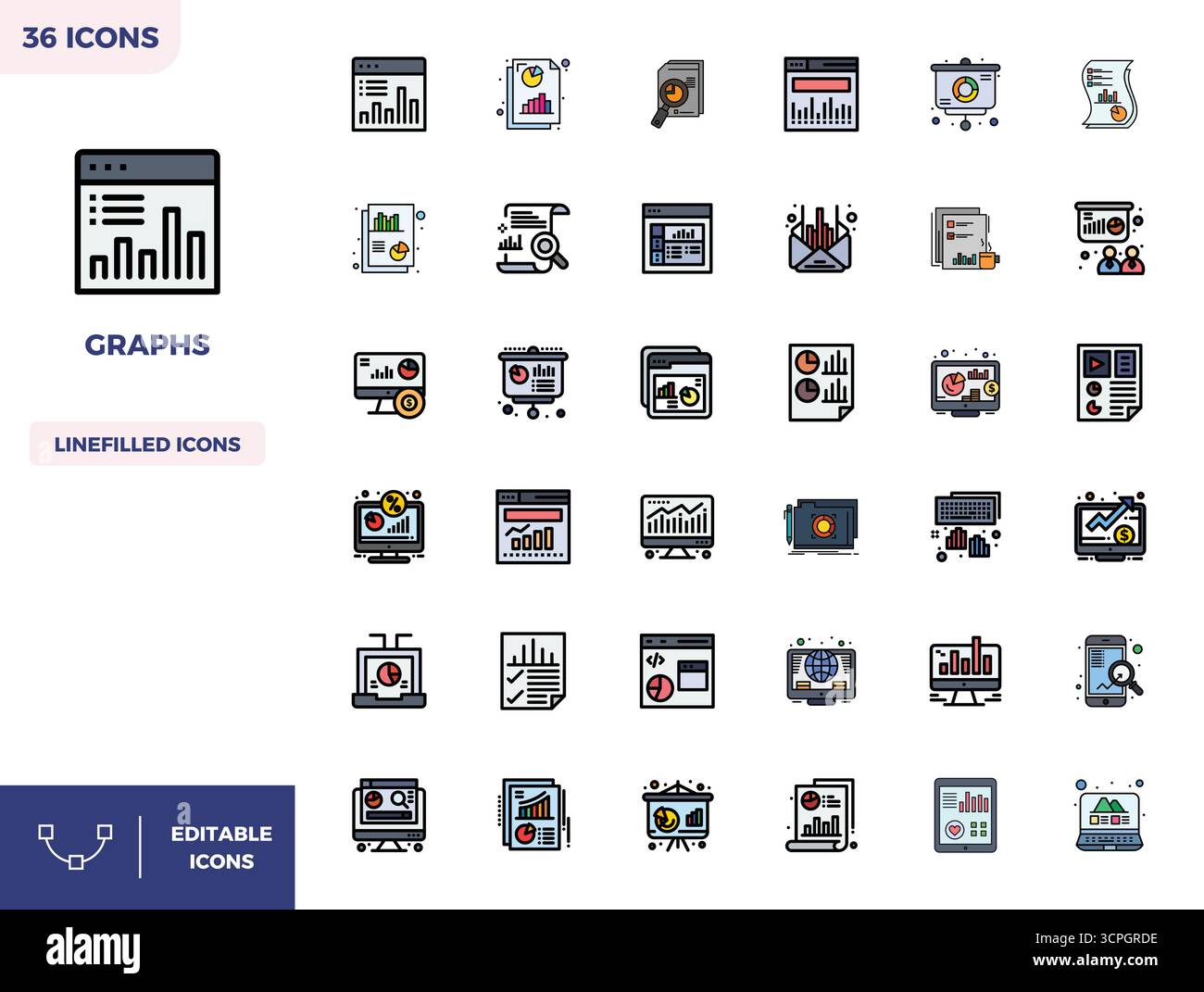 Masterfully created 36 vector icons representing Graphs in Flat Lineal ...