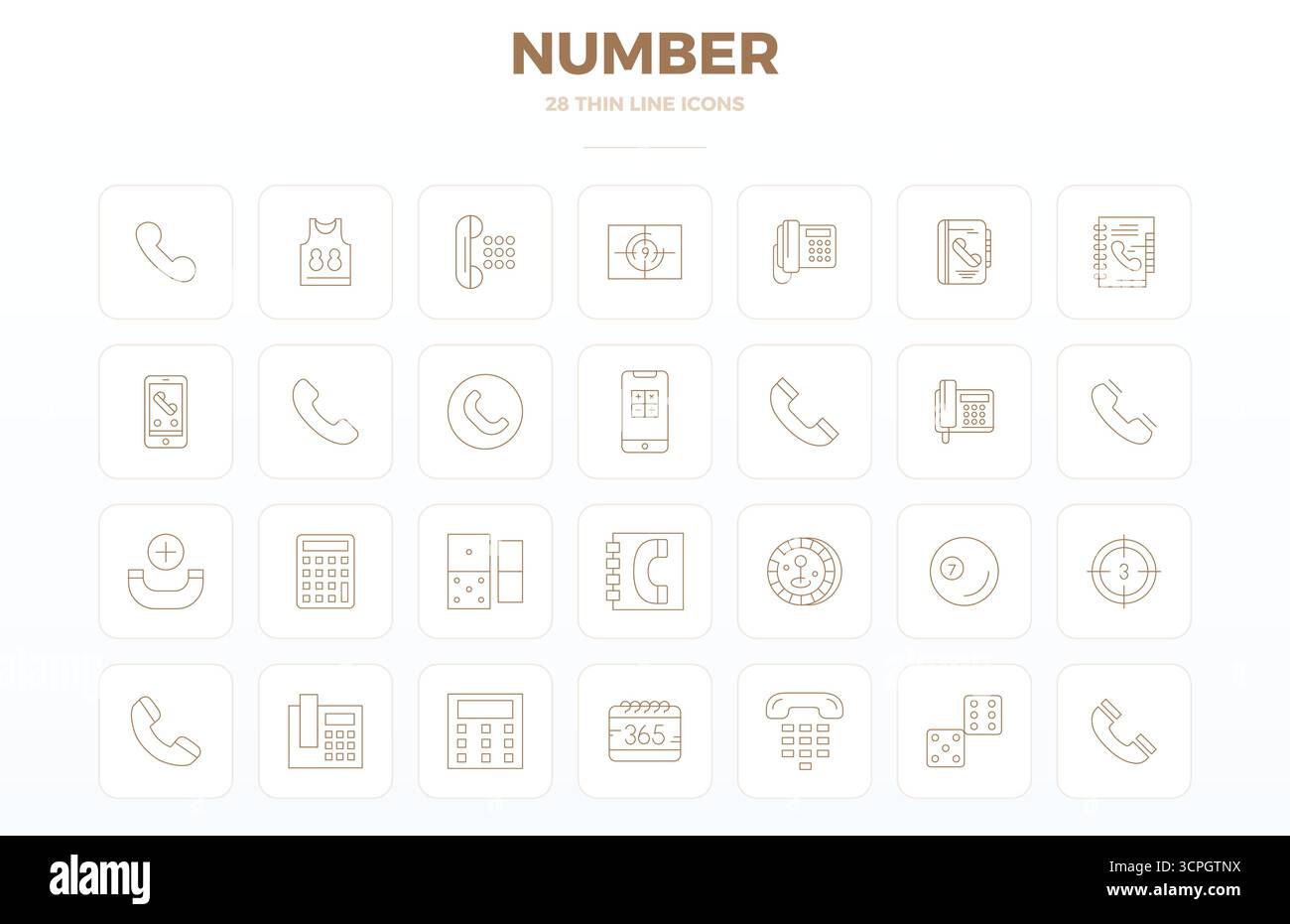 Handcrafted collection featuring 28 Thin Outline vector icons for Number, optimized in 128x128 PIXEL perfect resolution for premium digital experience Stock Vector