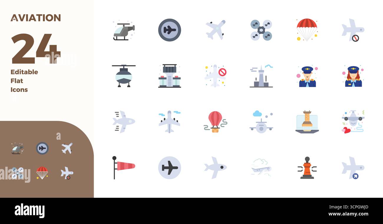Comprehensive bundle featuring 24 vector icons in Flat design for Aviation, delivered in crisp 128x128 PIXEL perfect quality. Stock Vector
