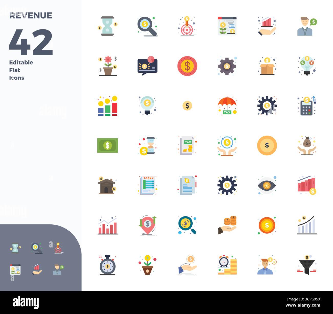 Strategic bundle featuring 42 vector icons representing Revenue in Flat format, optimized with 128x128 PIXEL perfect quality for professional workflow Stock Vector