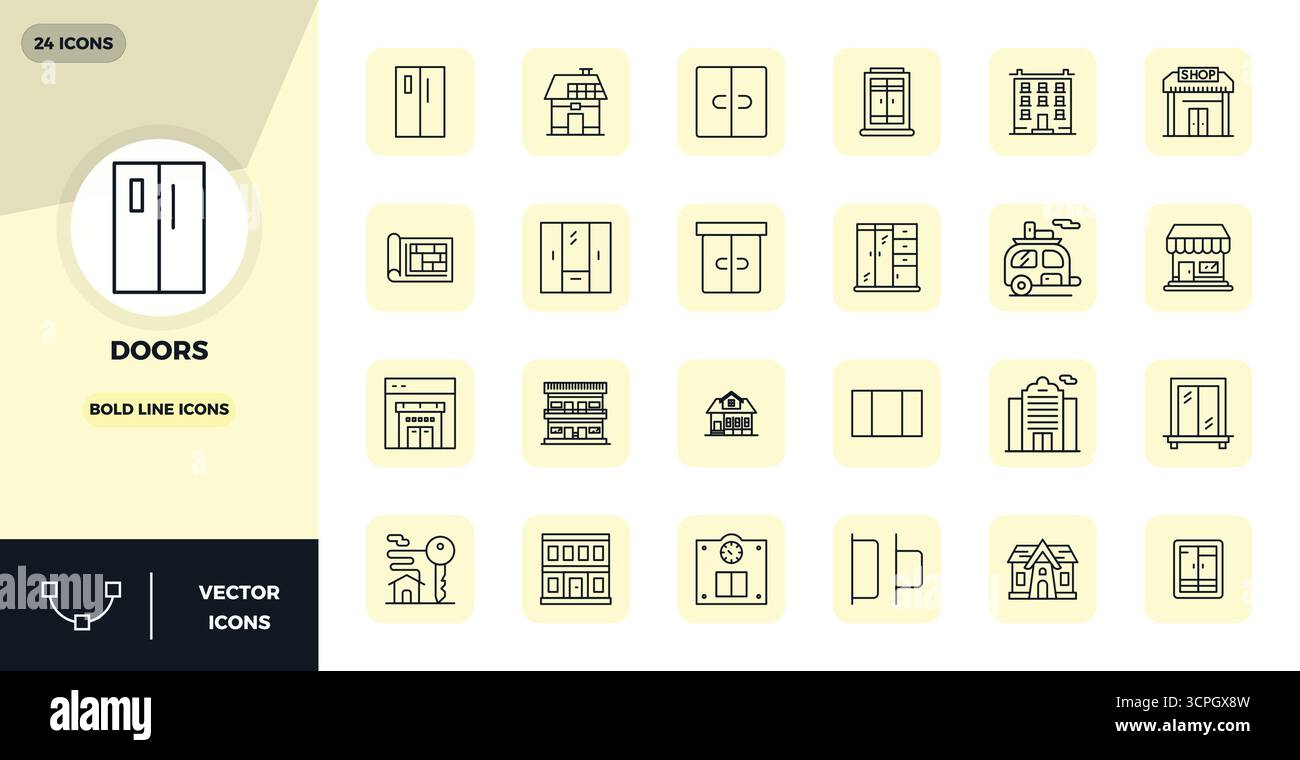 Beautifully rendered 24 Bold Line PIXEL perfect vector icons for Doors, created at 128x128 resolution for stunning visual consistency across platforms Stock Vector